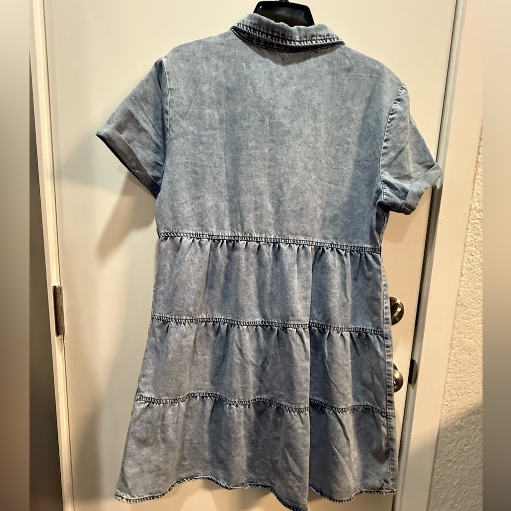 GRAPENT Denim Dress for Women Babydoll Tiered Short Sleeve Button Down Jean - Picture 12 of 15